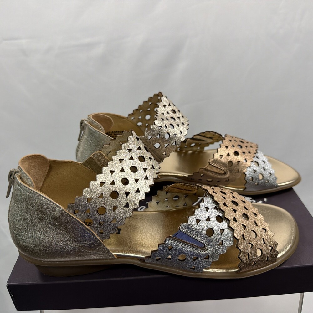 Sesto Meucci Leather 9M Cut-Out Cross Stap Sandals Elbi Metallic